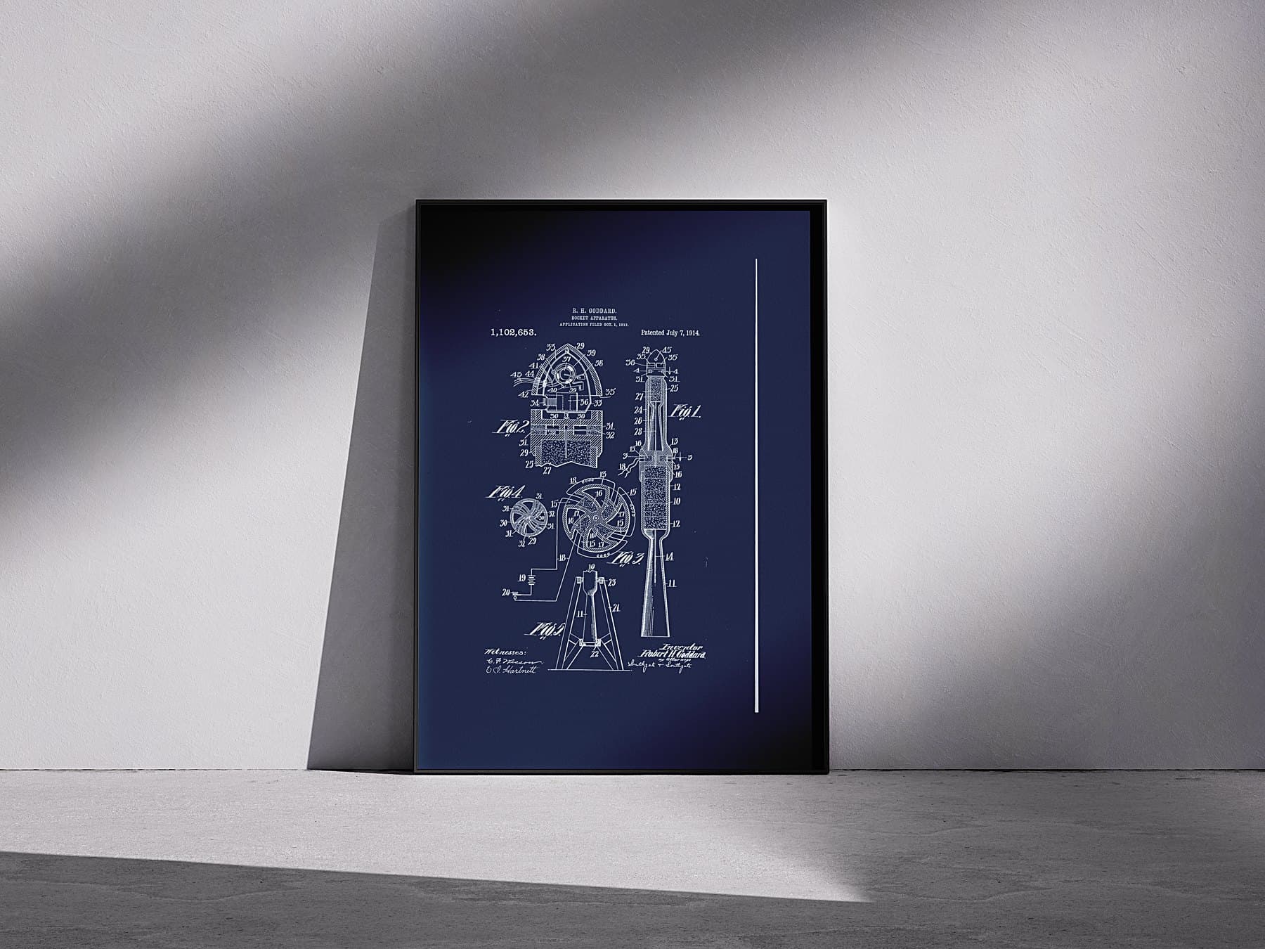 Goddard rocket patent, blueprint finish, framed