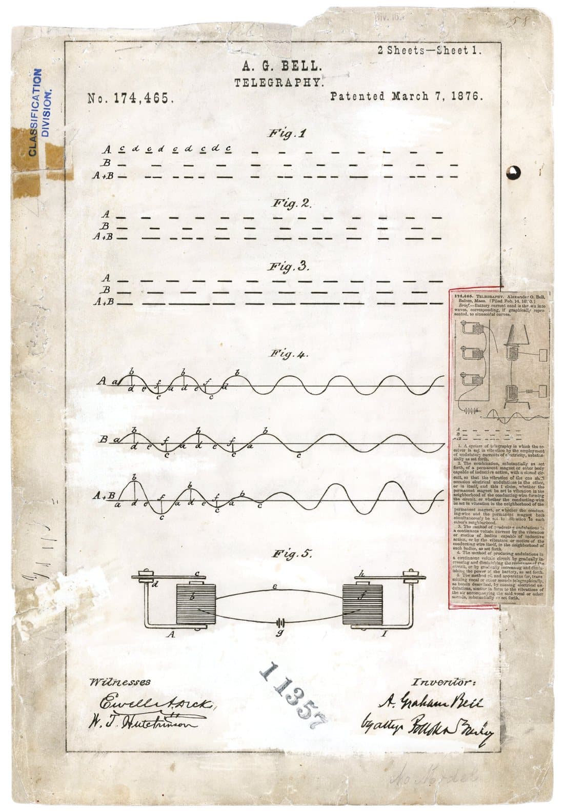 Improvement in Telegraphy patent drawing, 1876, archive paper finish