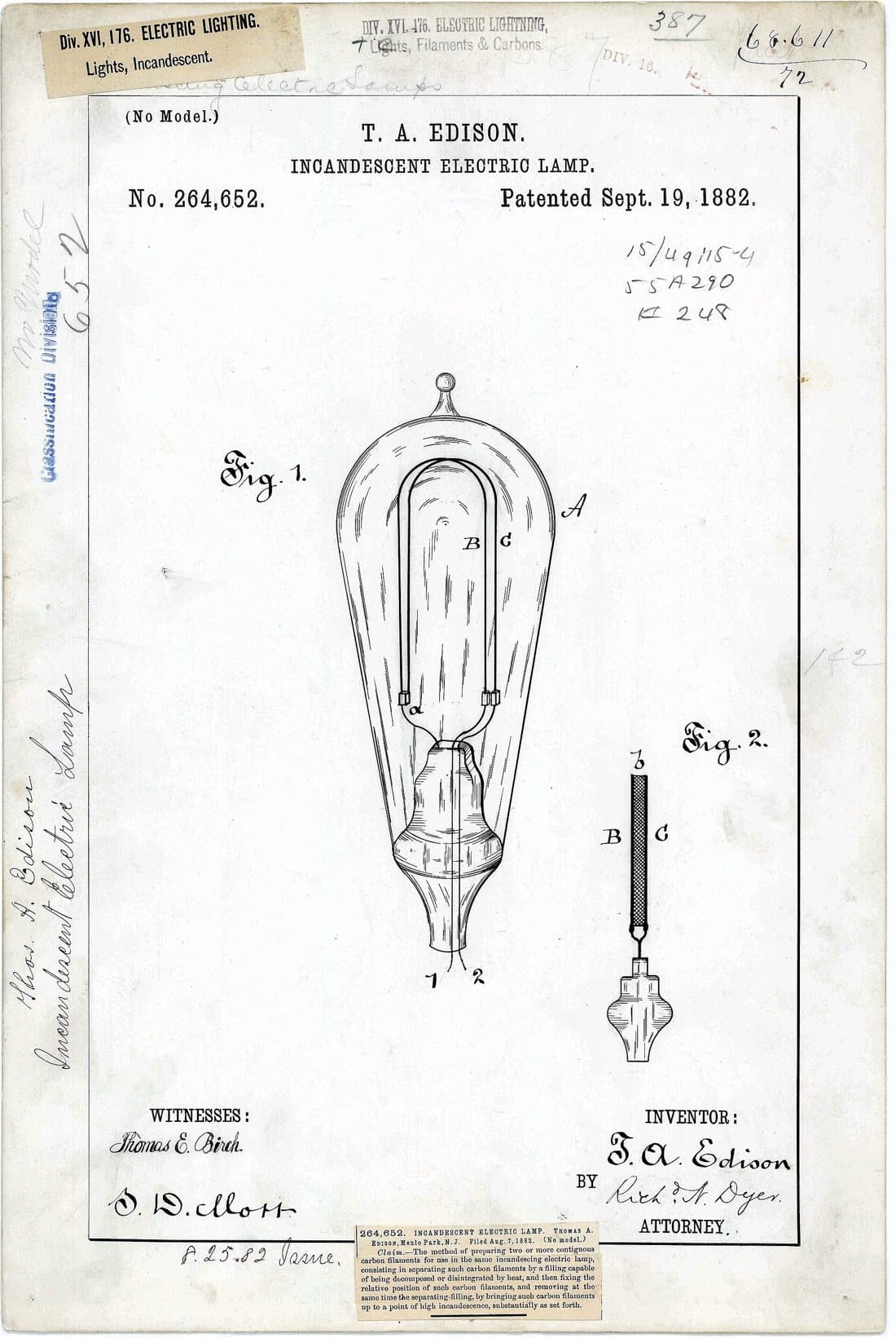 Incandescent Electric Lamp patent drawing, 1882, archive paper finish