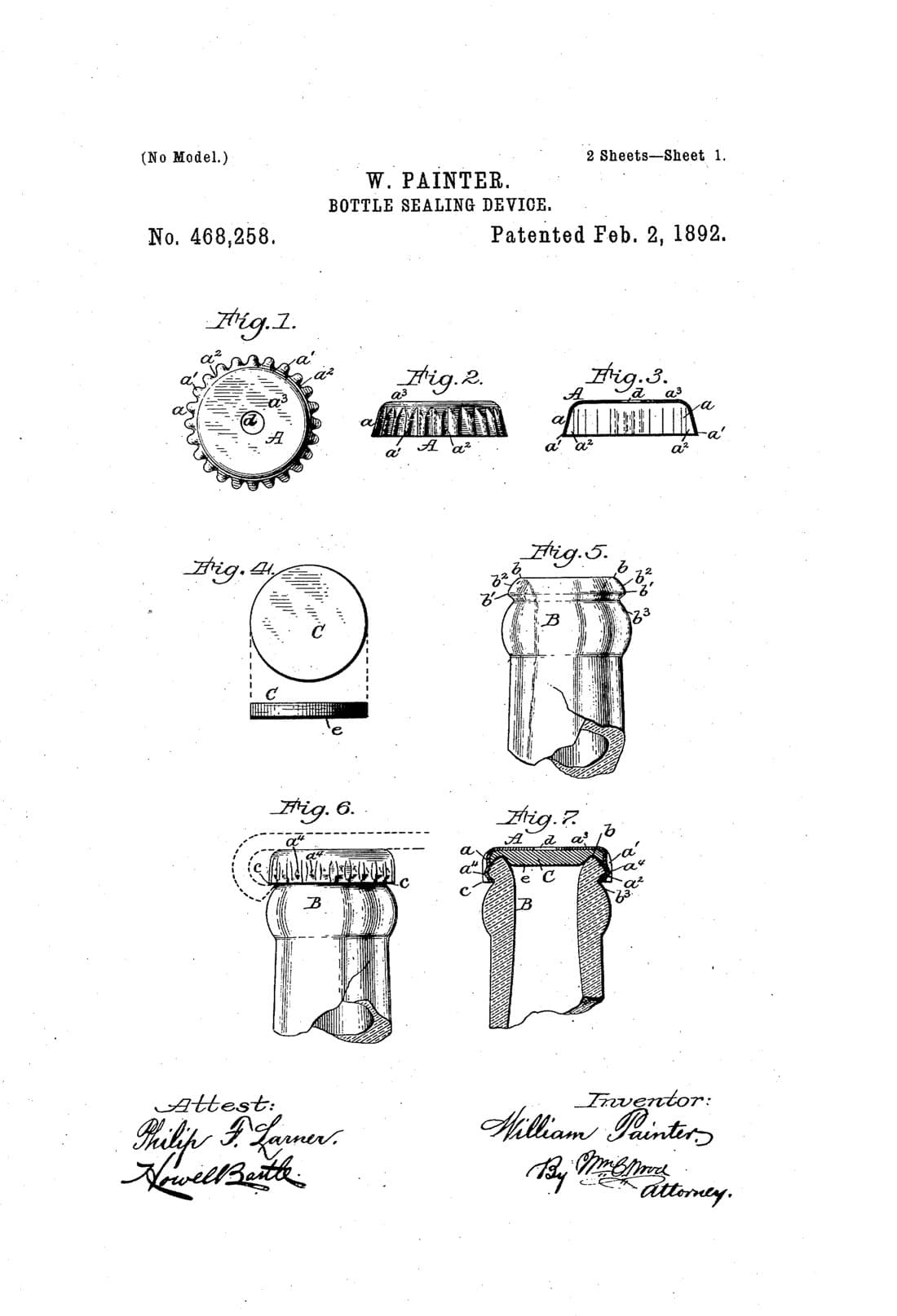 Bottle-sealing device patent drawing, 1892, archive paper finish