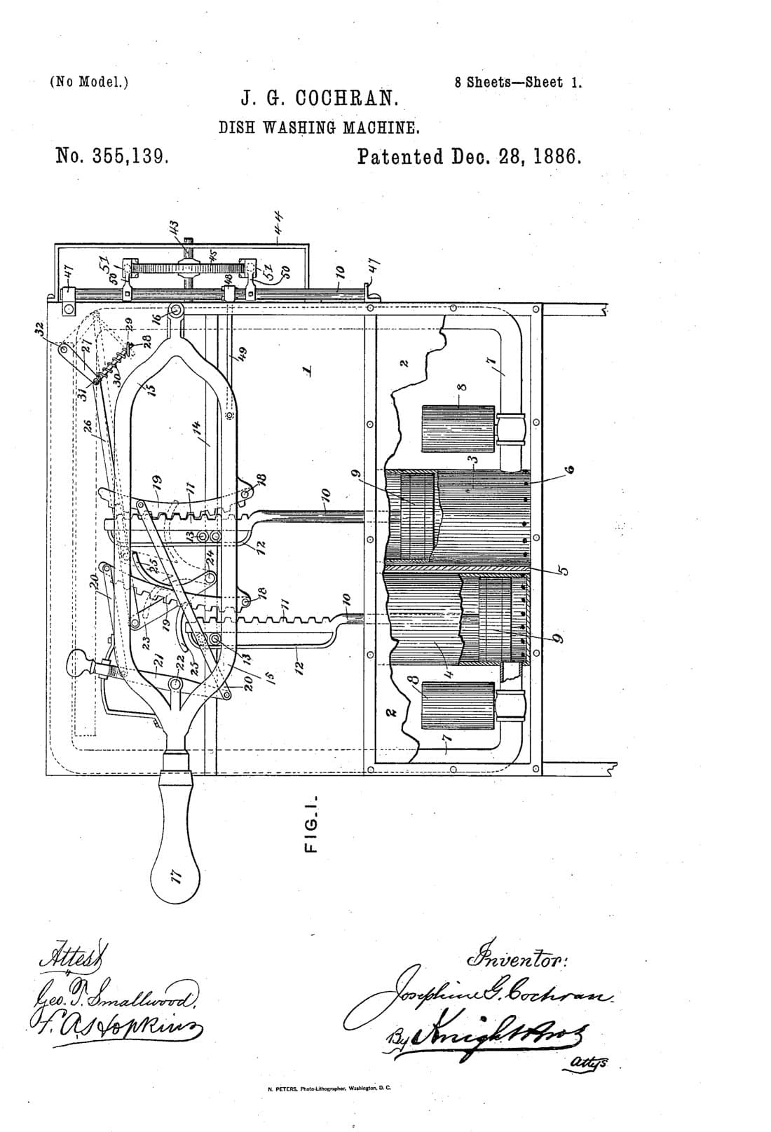 Dish-washing machine patent drawing, 1886, archive paper finish