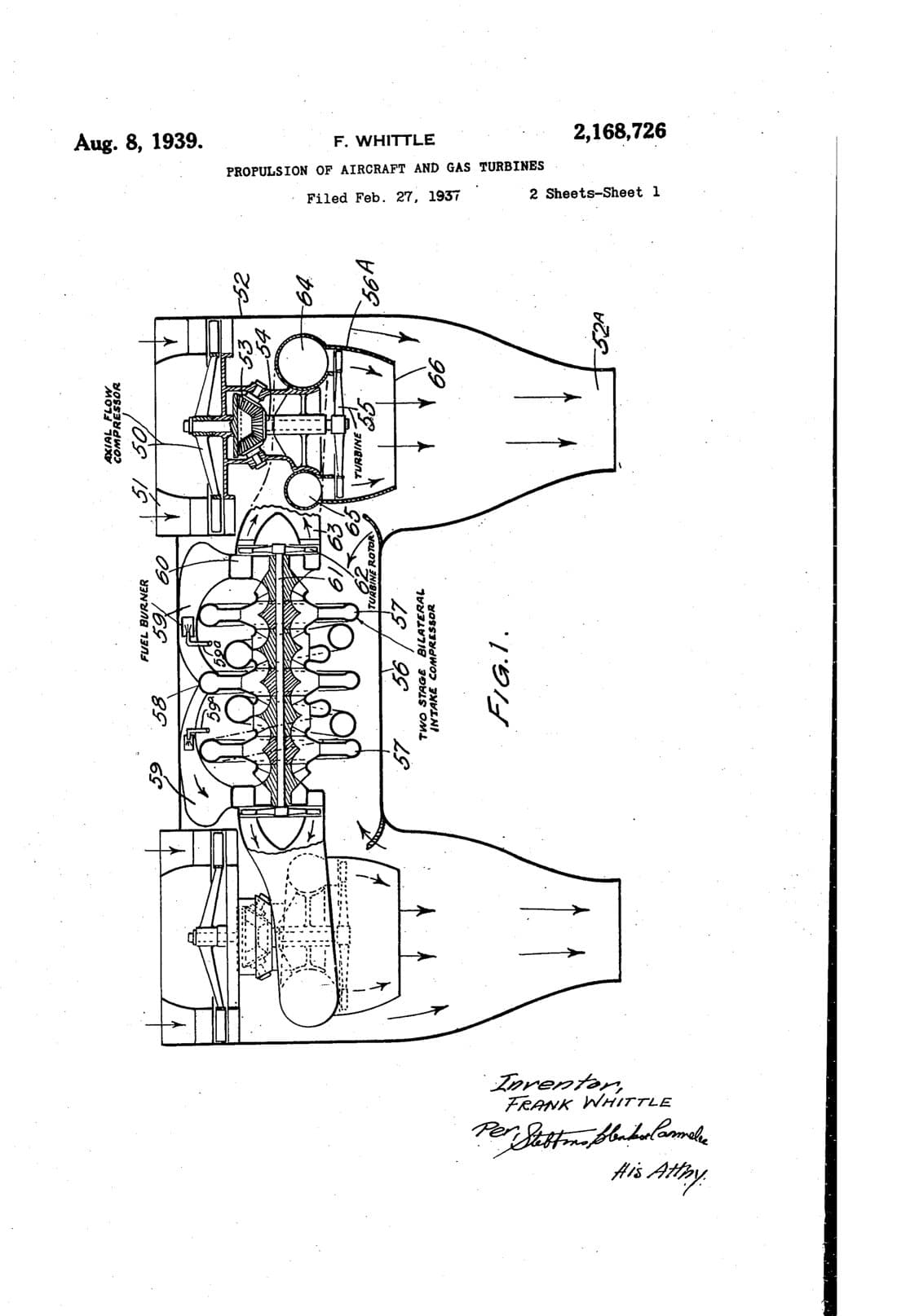 Propulsion of aircraft and gas turbines patent drawing, 1939, archive paper finish