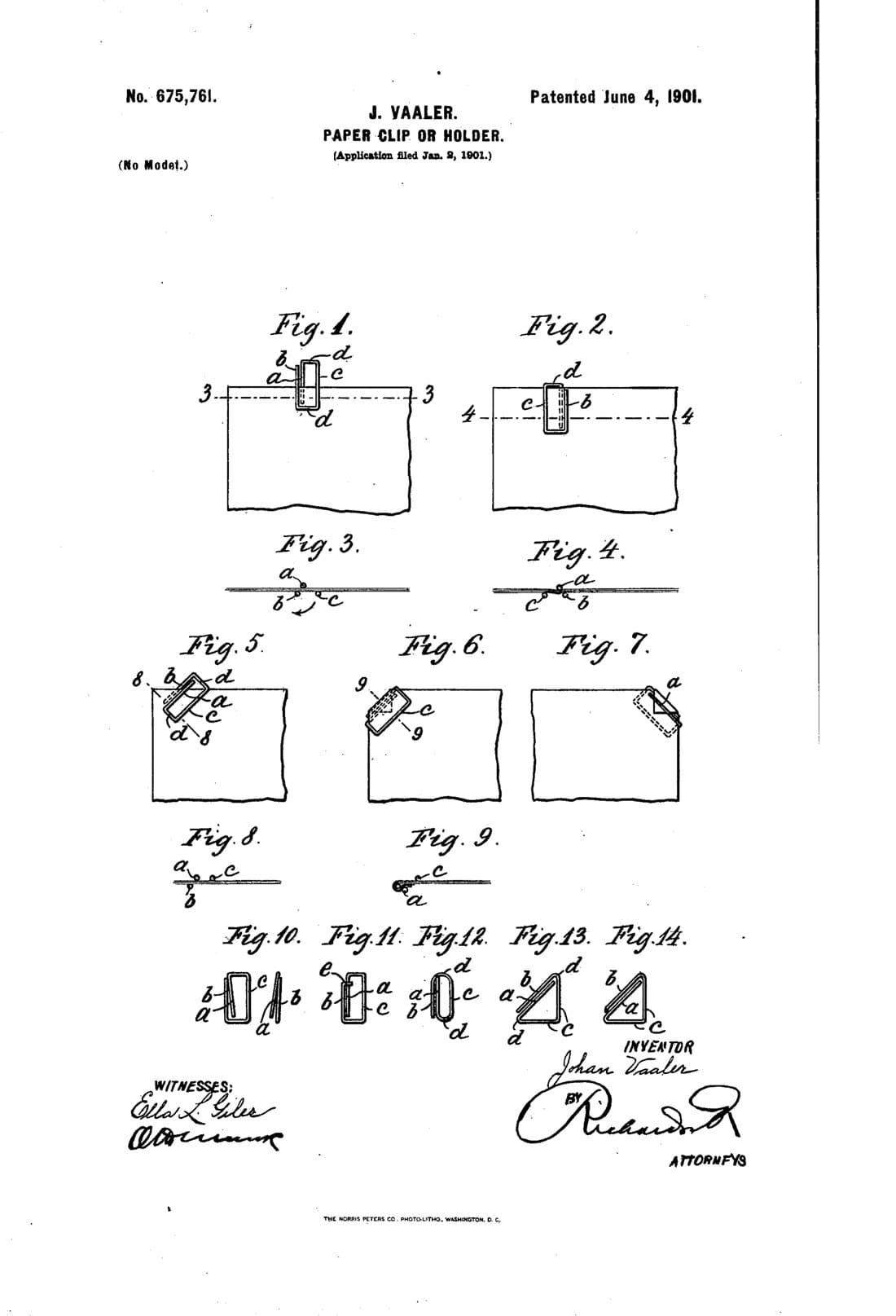 Paper clip or holder patent drawing, 1901, archive paper finish