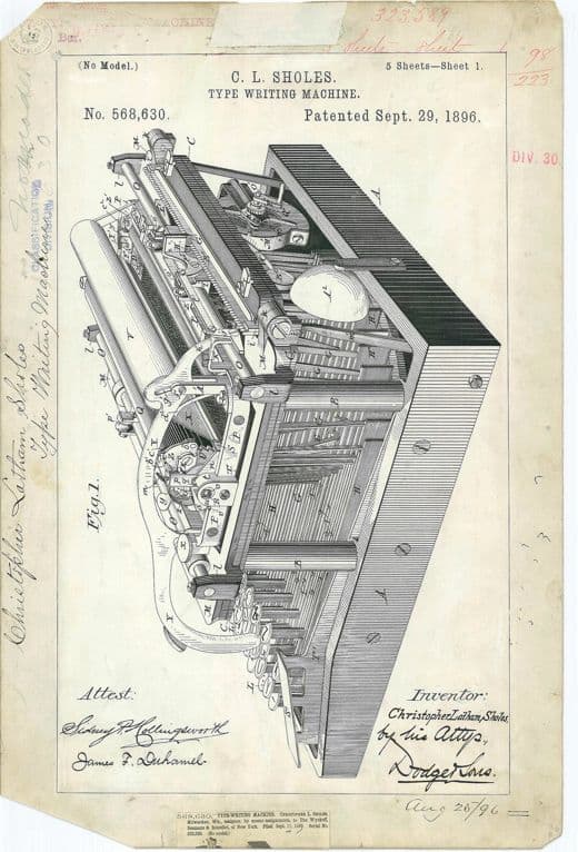Type Writing Machine patent drawing, 1896, archive paper finish