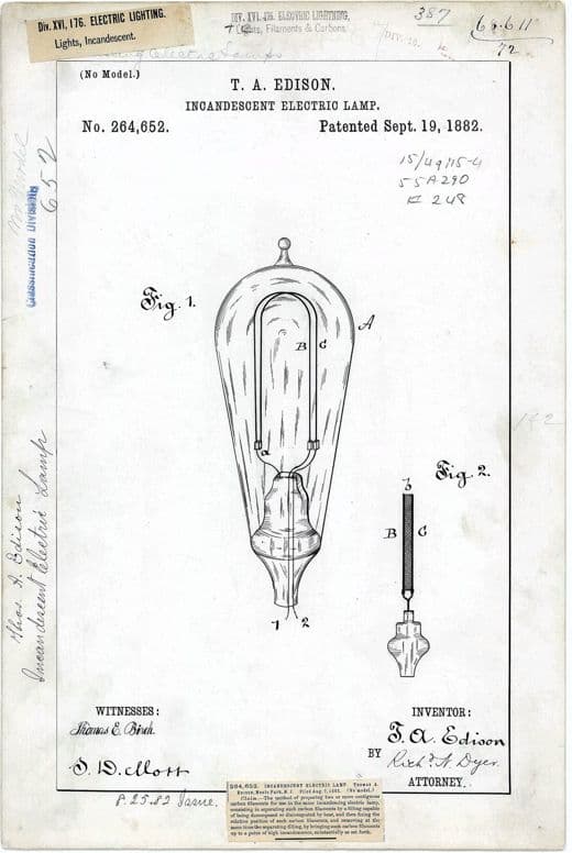 Incandescent Electric Lamp patent drawing, 1882, archive paper finish
