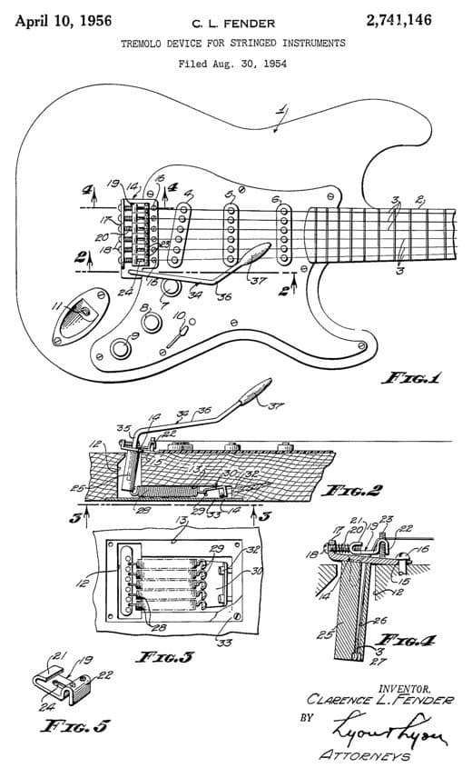 Tremolo Device patent drawing, 1956, archive paper finish