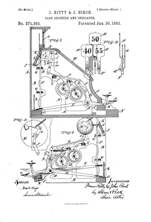 Cash register and indicator patent drawing, 1883, archive paper finish