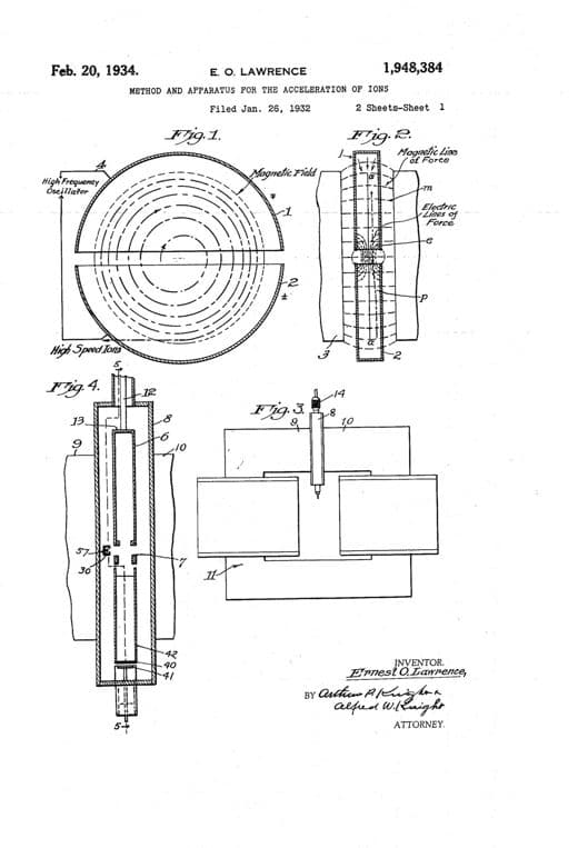 Method and apparatus for the acceleration of ions patent drawing, 1934, archive paper finish
