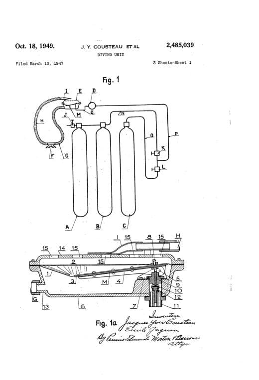 Diving unit patent drawing, 1949, archive paper finish