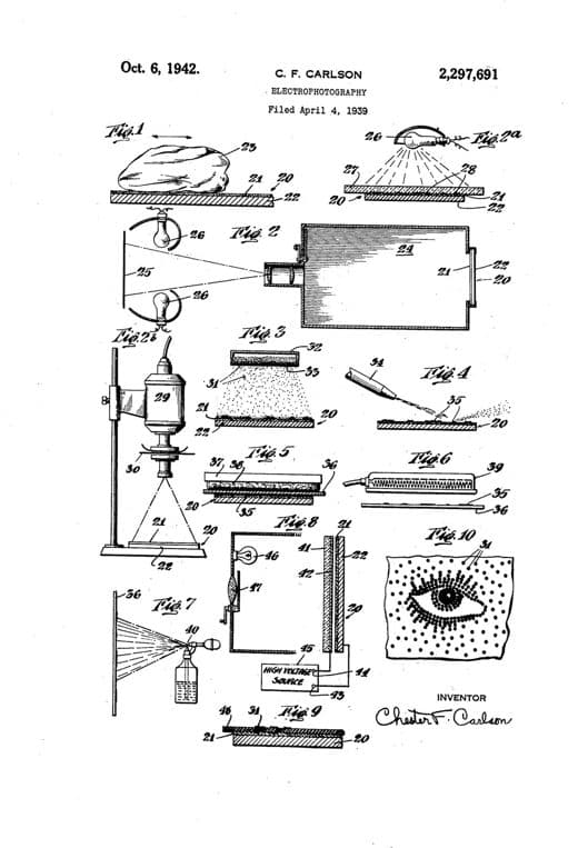 Electrophotography patent drawing, 1942, archive paper finish
