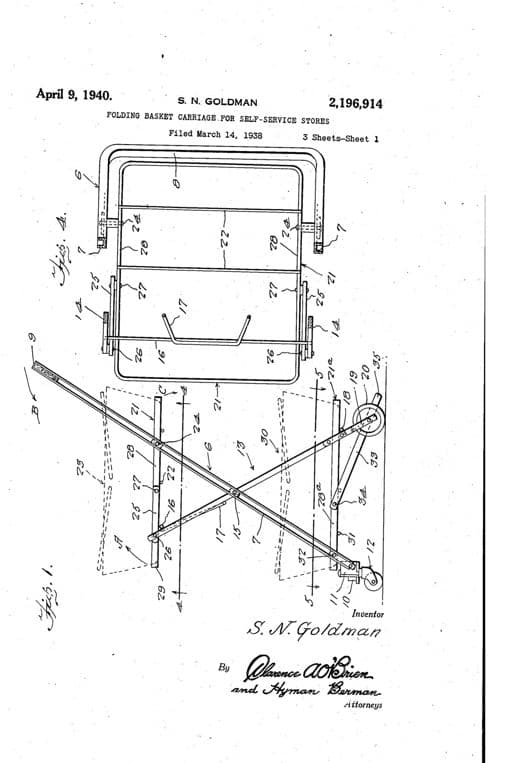 Folding basket carriage for self-service stores patent drawing, 1940, archive paper finish