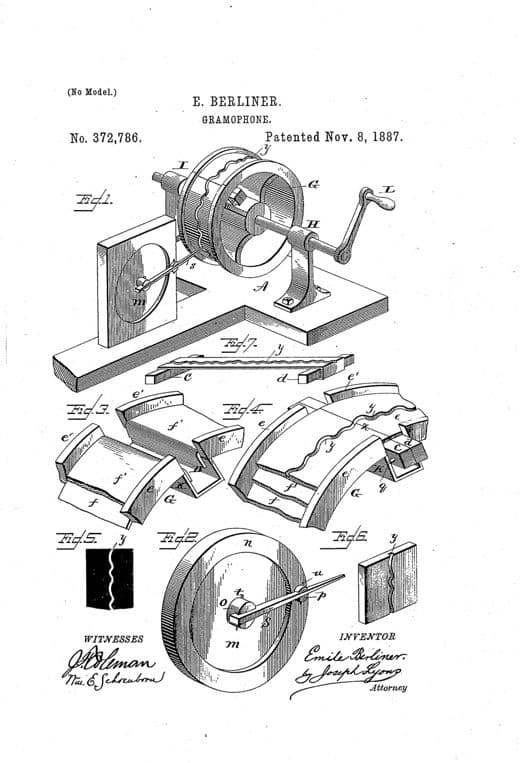 Gramophone patent drawing, 1887, archive paper finish
