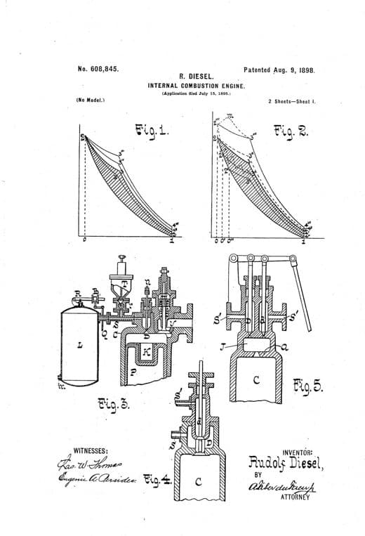 Internal-combustion engine patent drawing, 1898, archive paper finish