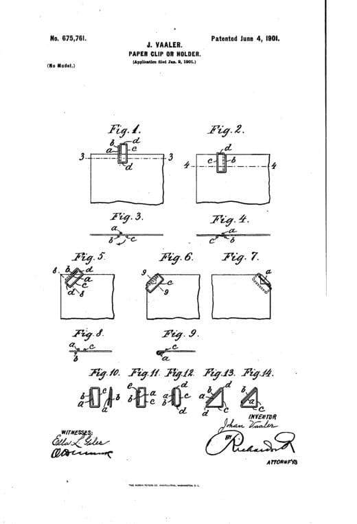 Paper clip or holder patent drawing, 1901, archive paper finish