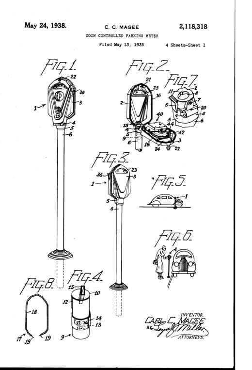 Coin controlled parking meter patent drawing, 1938, archive paper finish