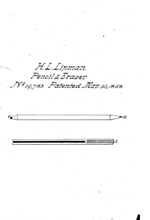 Combination of lead-pencil and eraser patent drawing, 1858, archive paper finish