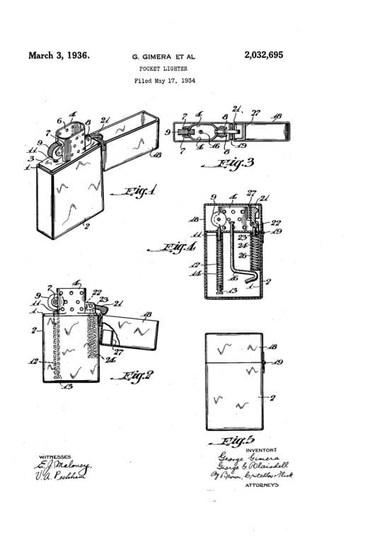 Pocket lighter patent drawing, 1936, archive paper finish