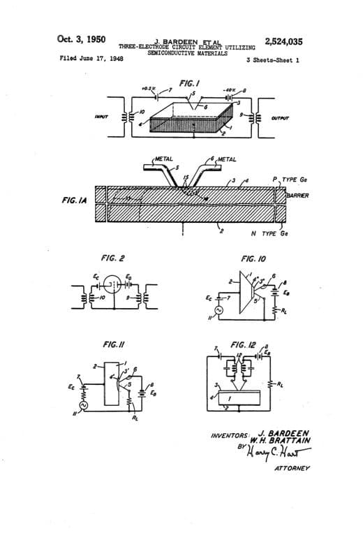 Three-electrode circuit element utilizing semiconductive materials patent drawing, 1950, archive paper finish