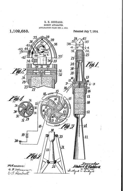 Rocket Apparatus patent drawing, 1914, archive paper finish