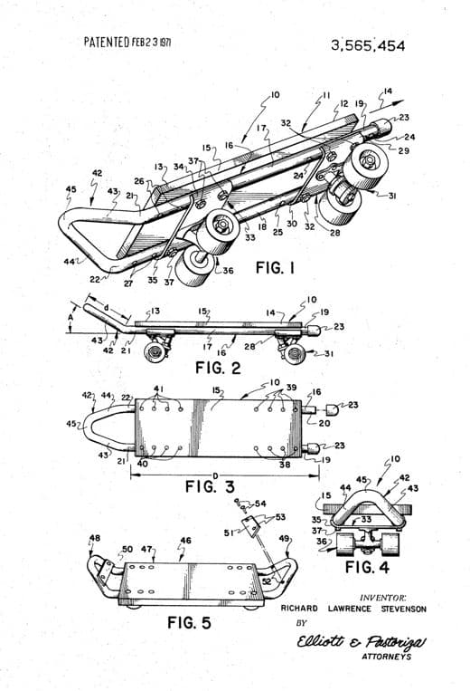 Skateboard patent drawing, 1971, archive paper finish