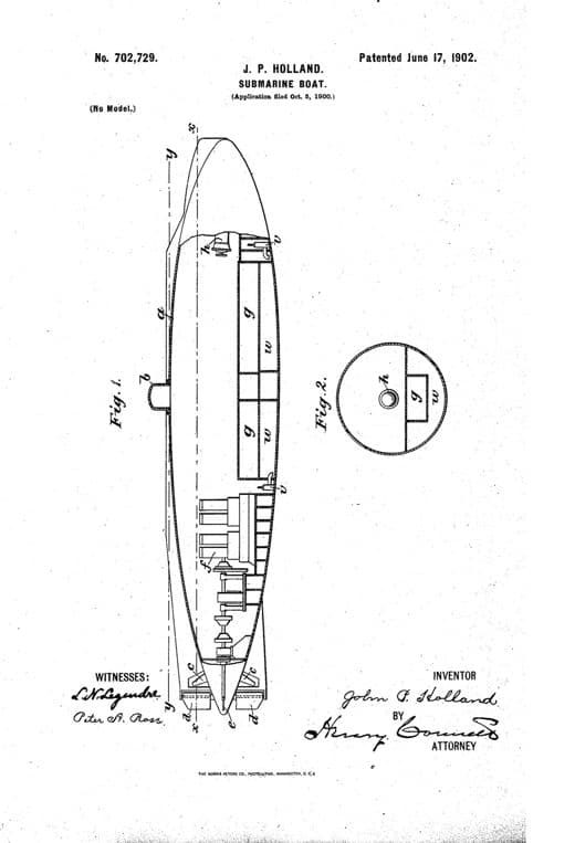 Submarine boat patent drawing, 1902, archive paper finish