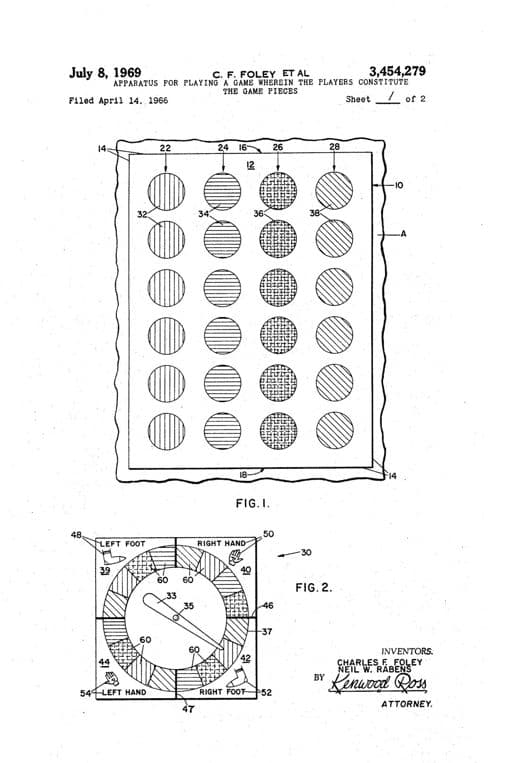 Apparatus for playing a game wherein the players constitute the game pieces patent drawing, 1969, archive paper finish