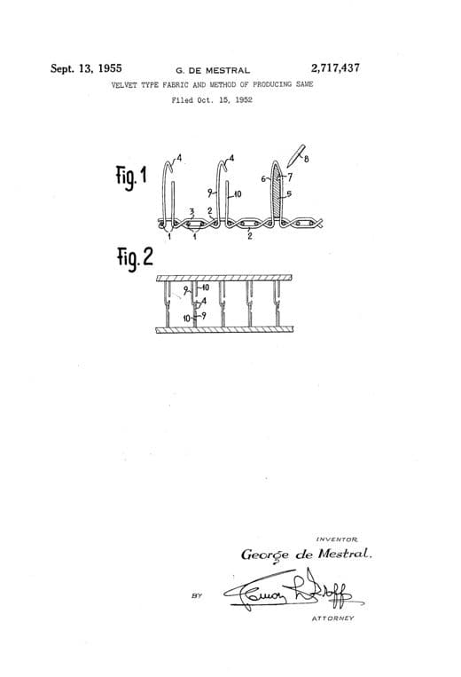 Velvet type fabric and method of producing same patent drawing, 1955, archive paper finish