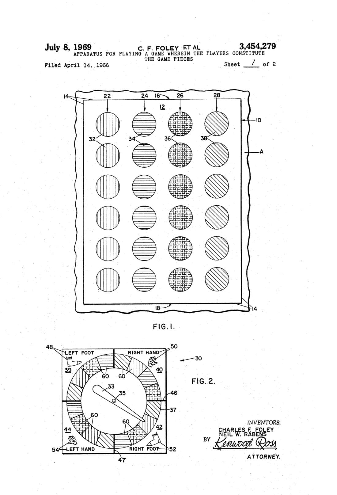 Apparatus for playing a game wherein the players constitute the game pieces patent drawing, 1969, archive paper finish