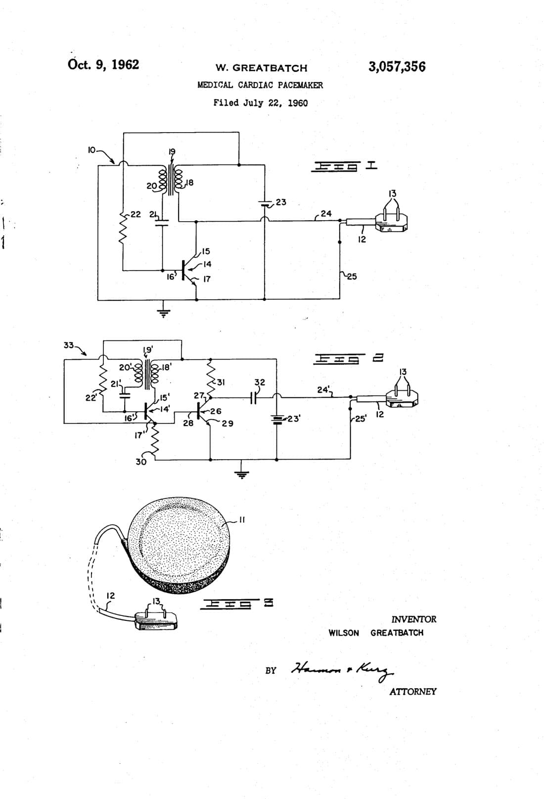 Medical cardiac pacemaker patent drawing, 1962, archive paper finish