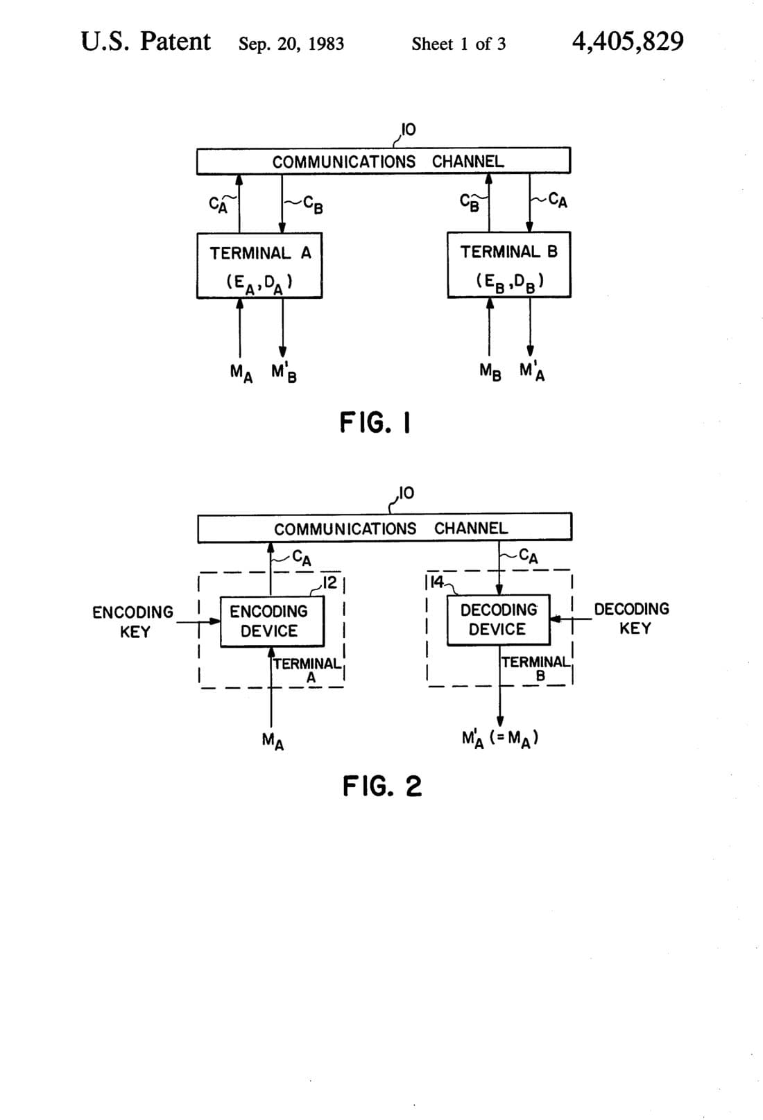 Cryptographic communications system and method patent drawing, 1983, archive paper finish
