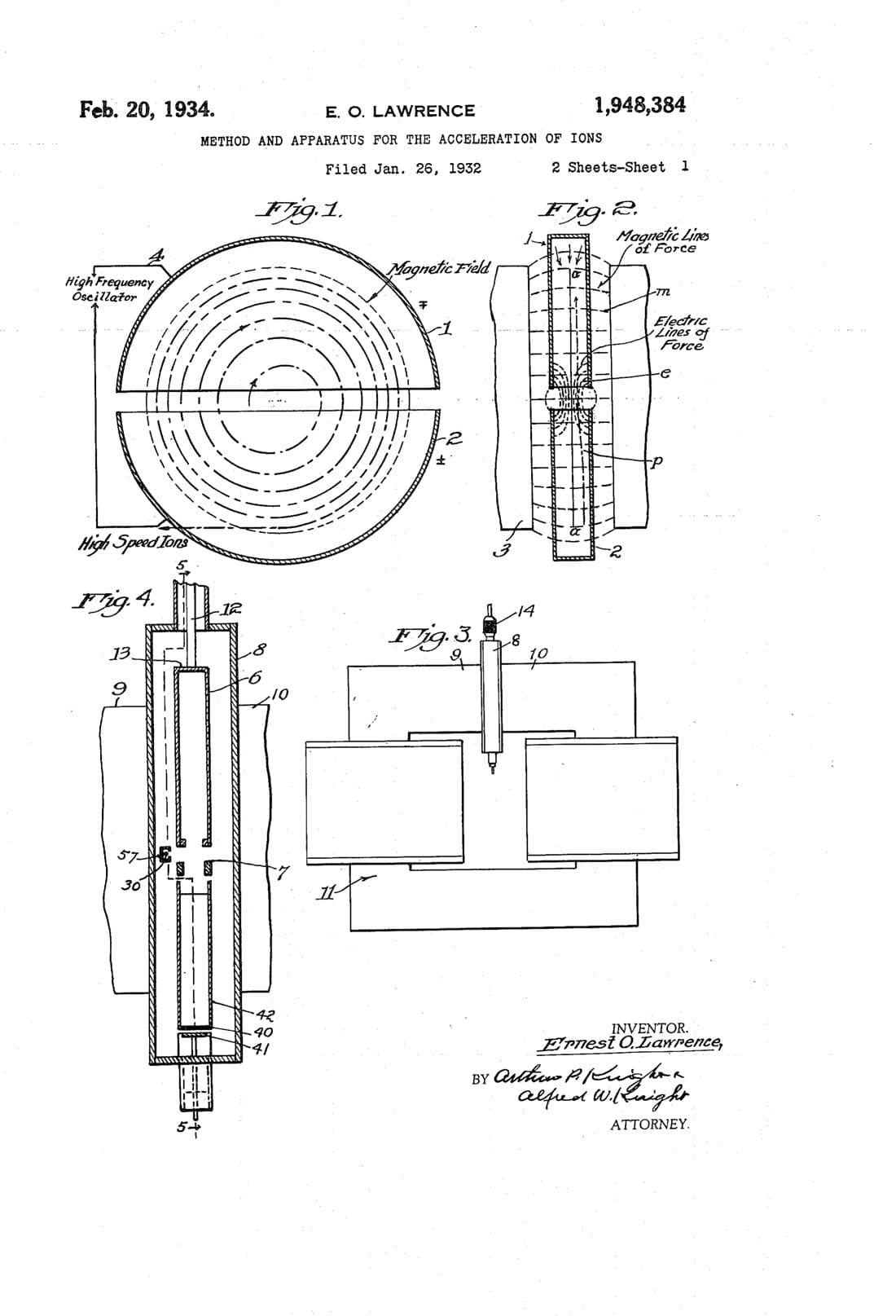 Method and apparatus for the acceleration of ions patent drawing, 1934, archive paper finish