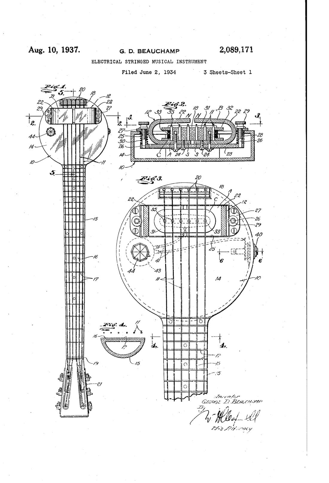 Electrical stringed musical instrument patent drawing, 1937, archive paper finish
