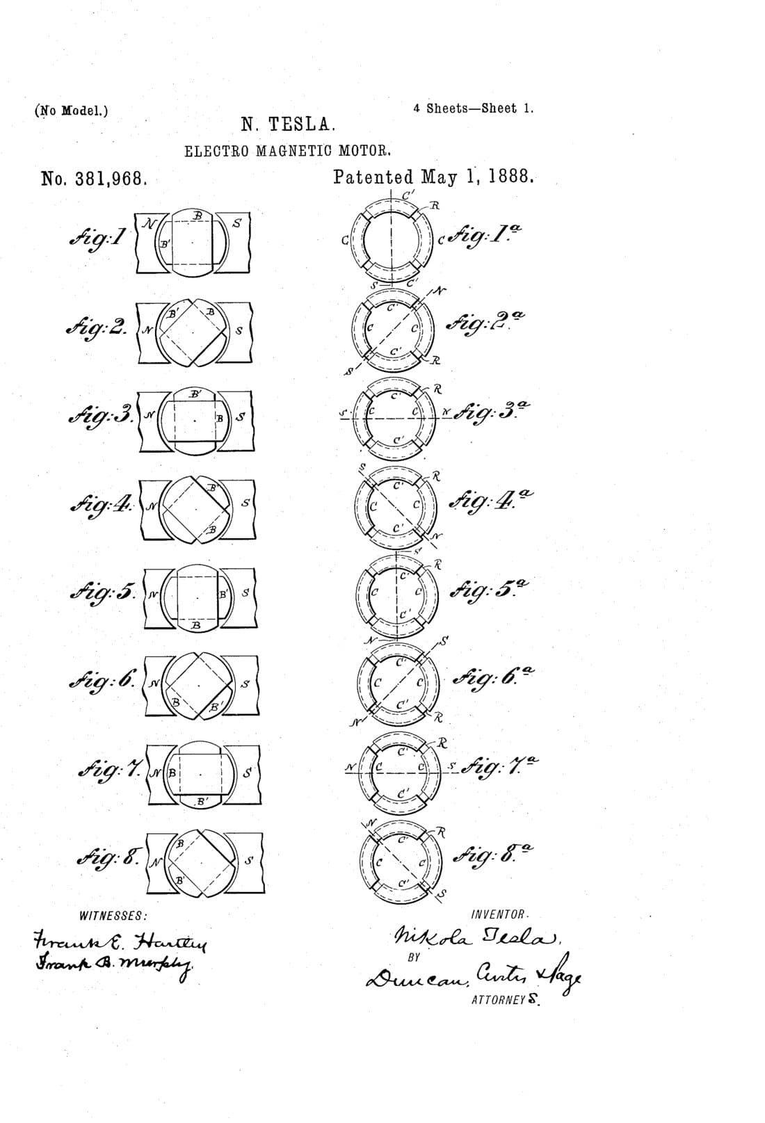 Electro-magnetic motor patent drawing, 1888, blueprint finish