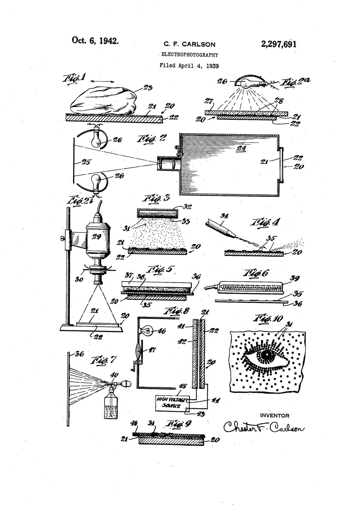 Electrophotography patent drawing, 1942, archive paper finish