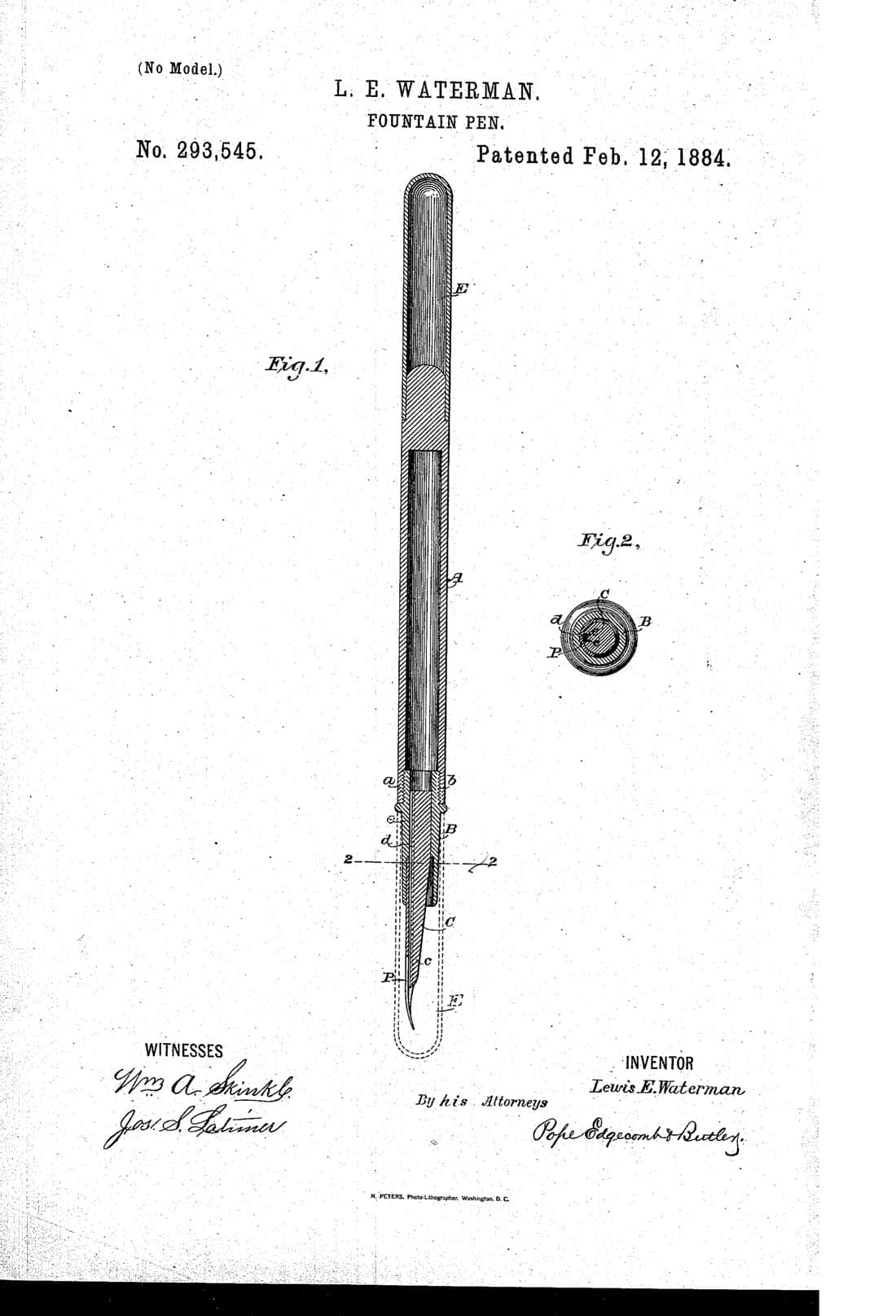 Fountain-pen patent drawing, 1884, archive paper finish