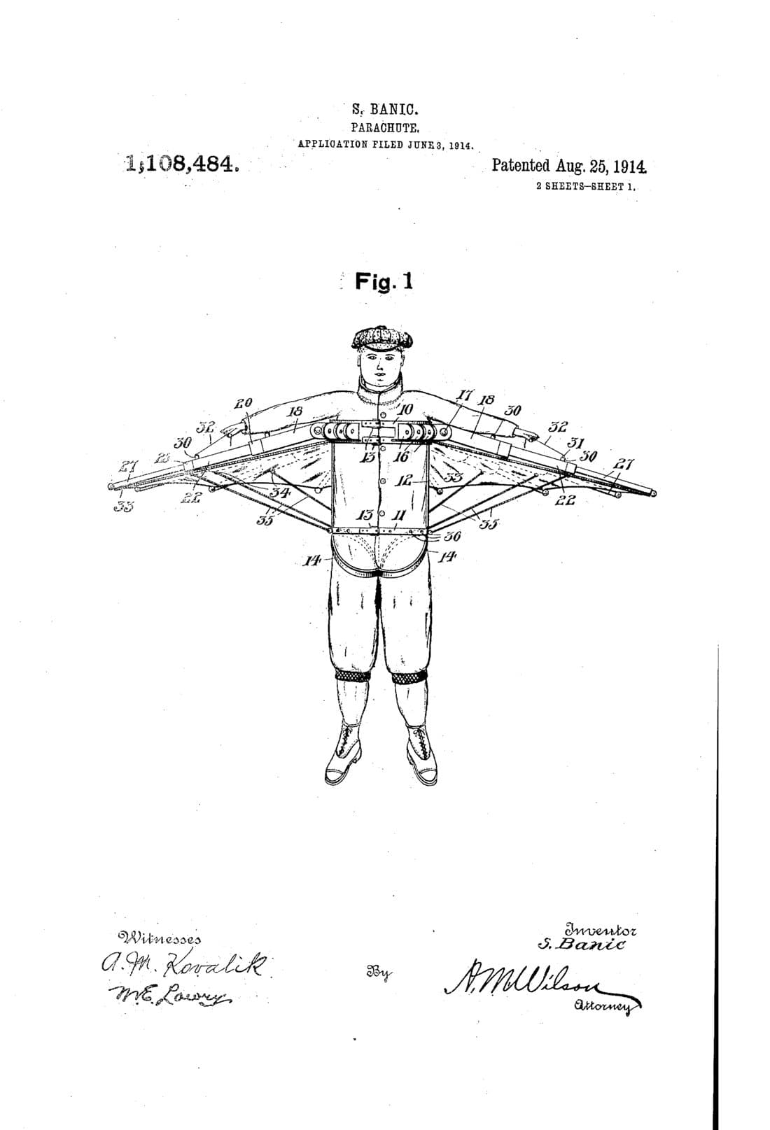 Parachute patent drawing, 1914, blueprint finish