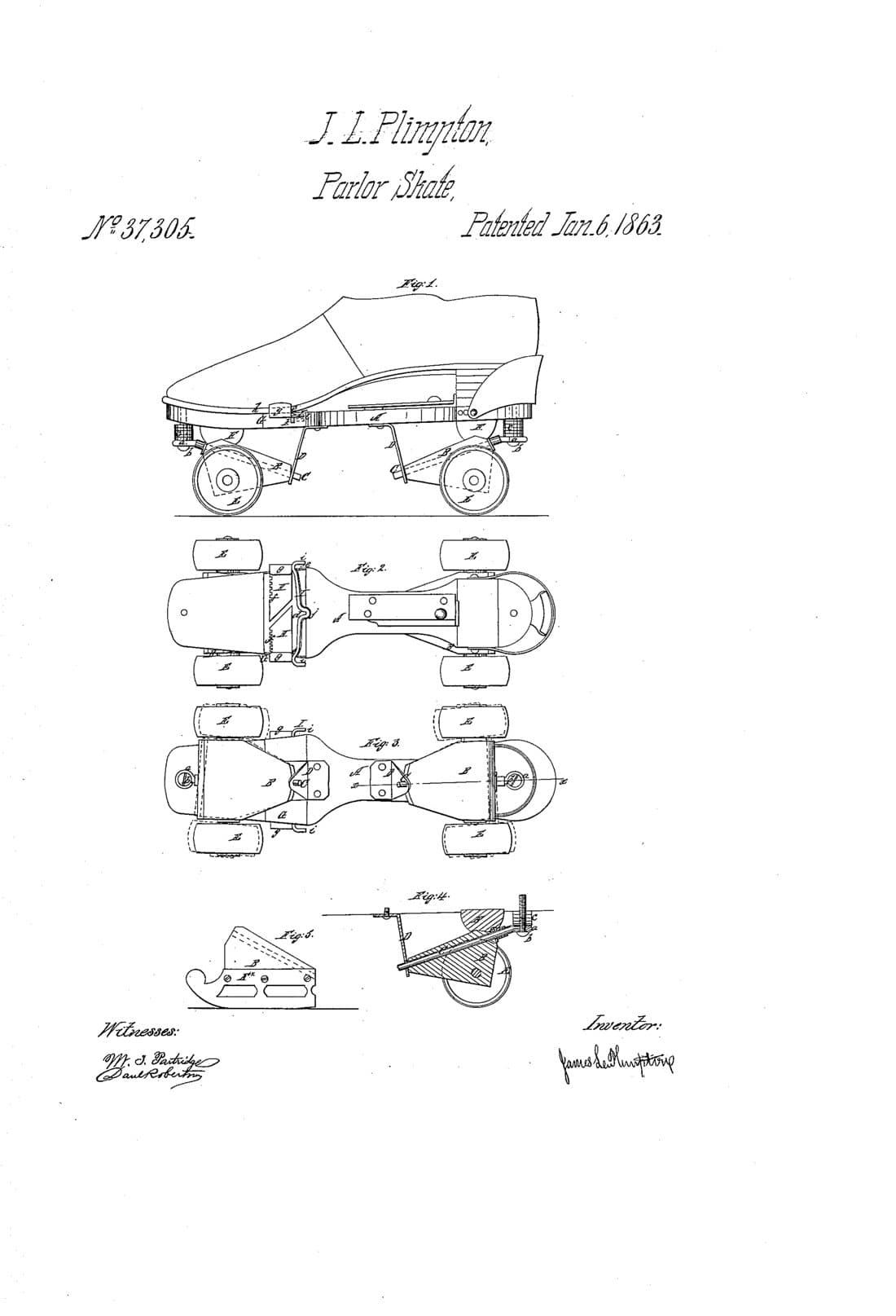 Improvement in skates patent drawing, 1863, archive paper finish