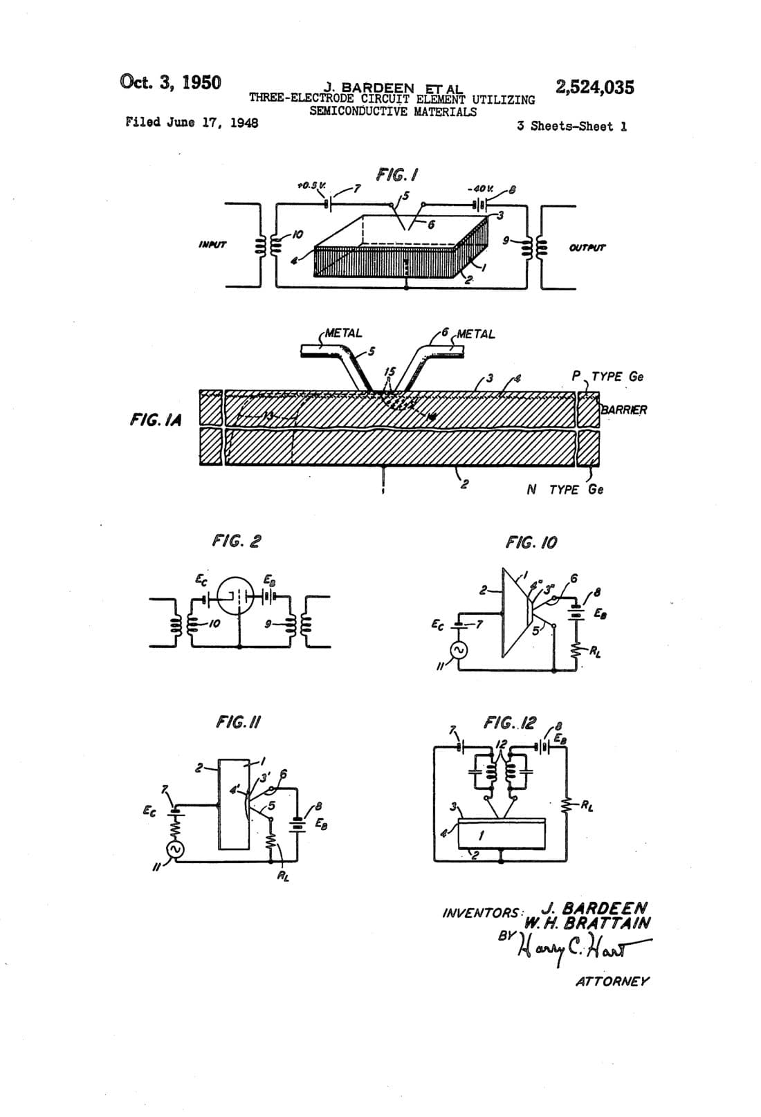 Three-electrode circuit element utilizing semiconductive materials patent drawing, 1950, archive paper finish