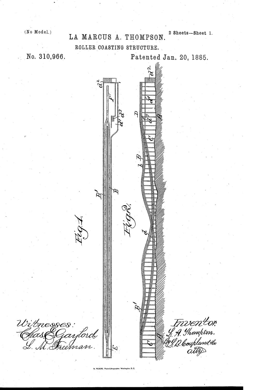 Roller coasting structure patent drawing, 1885, archive paper finish