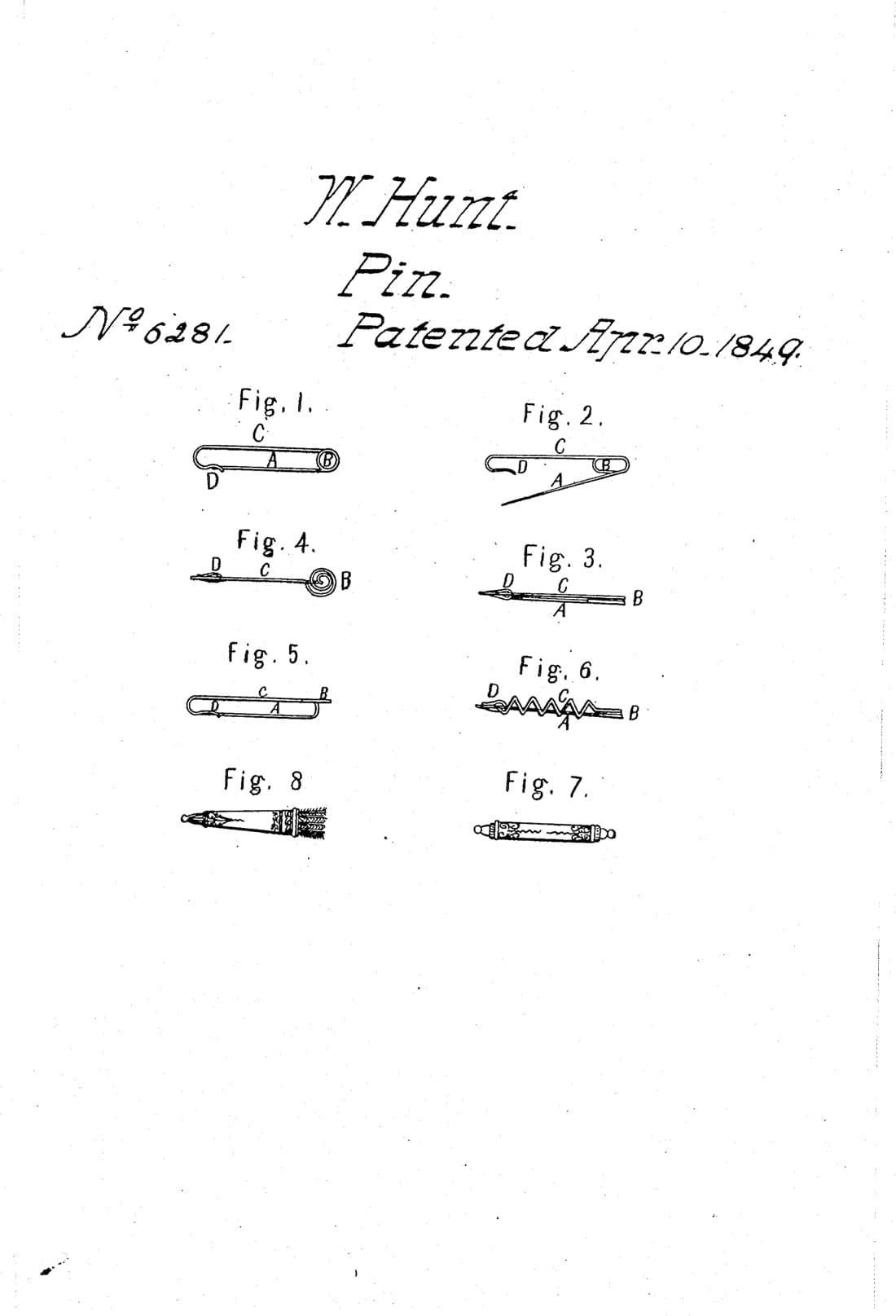 Dress-Pin patent drawing, 1849, blueprint finish
