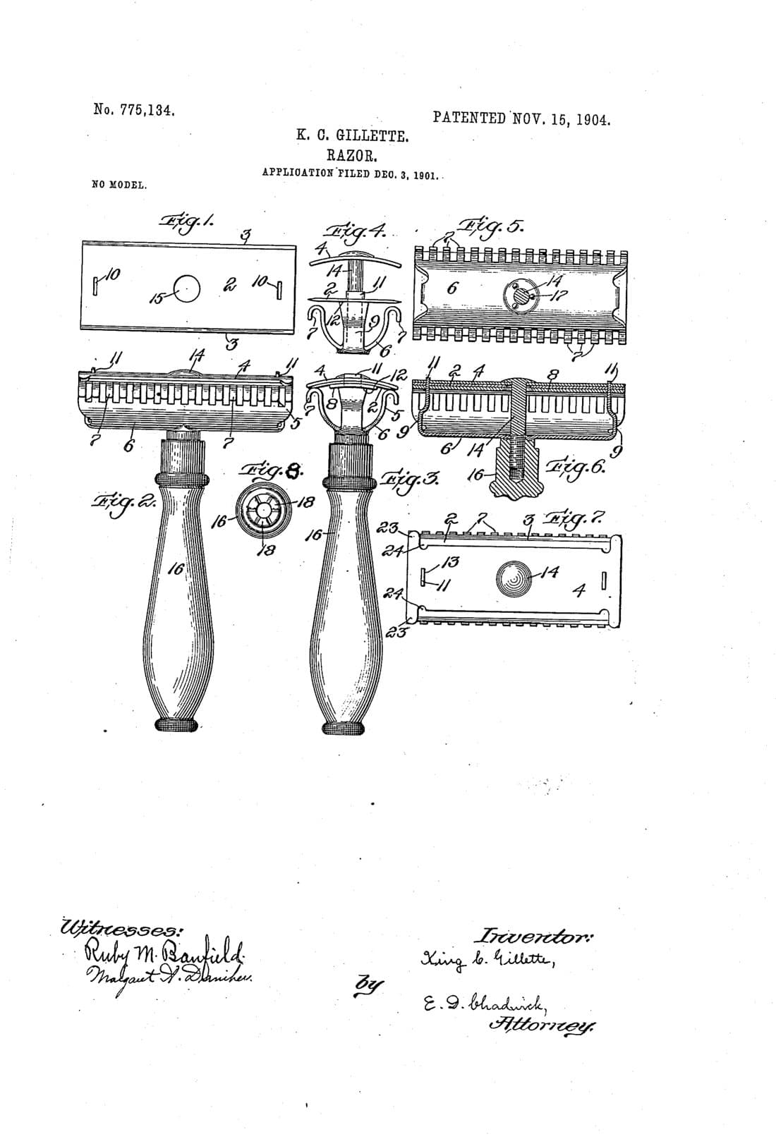 Razor patent drawing, 1904, archive paper finish
