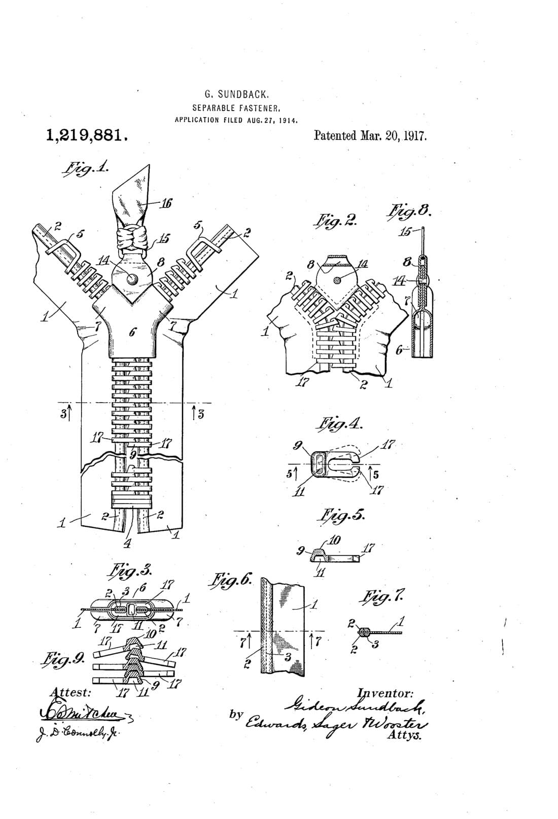 Separable fastener patent drawing, 1917, archive paper finish