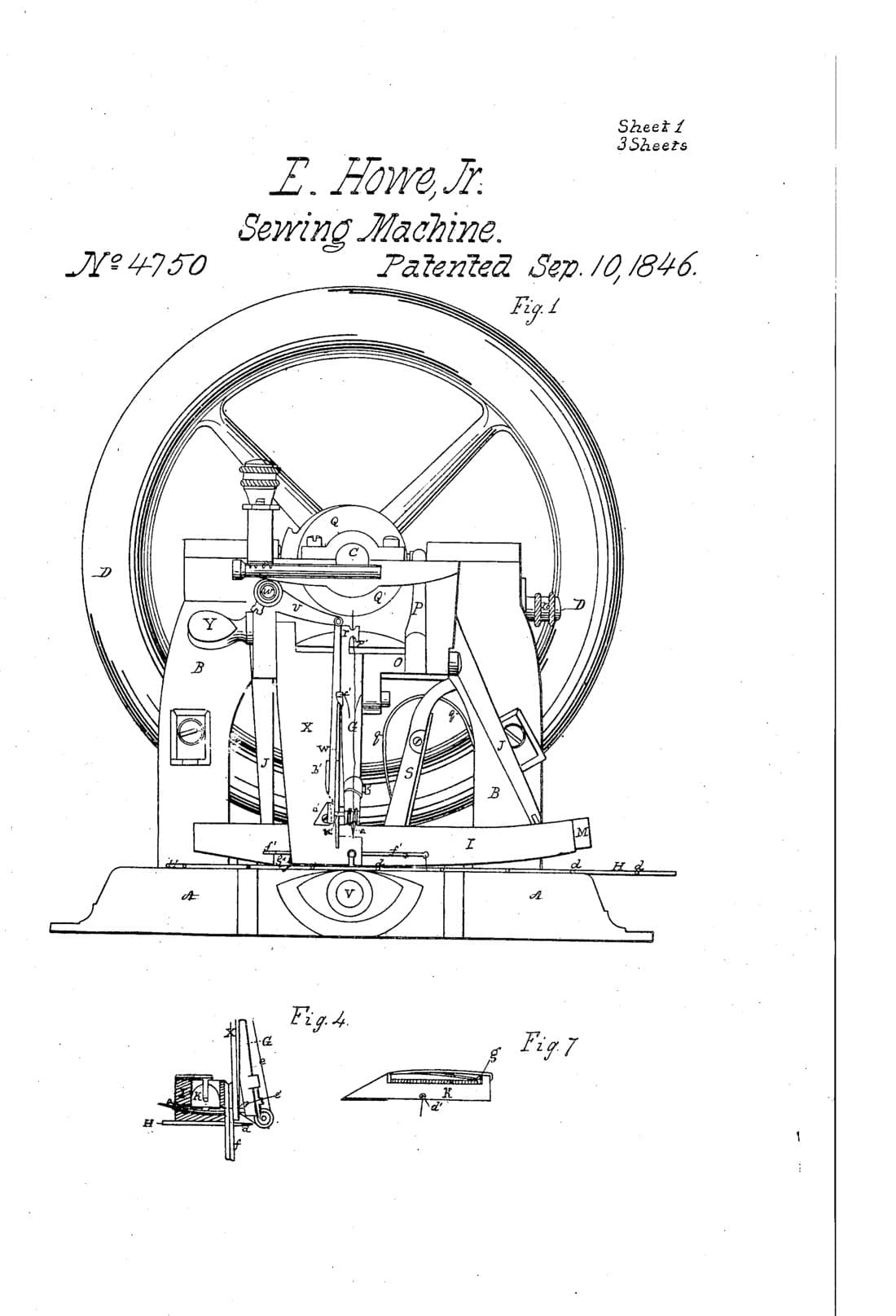 Improvement in sewing-machines patent drawing, 1846, archive paper finish
