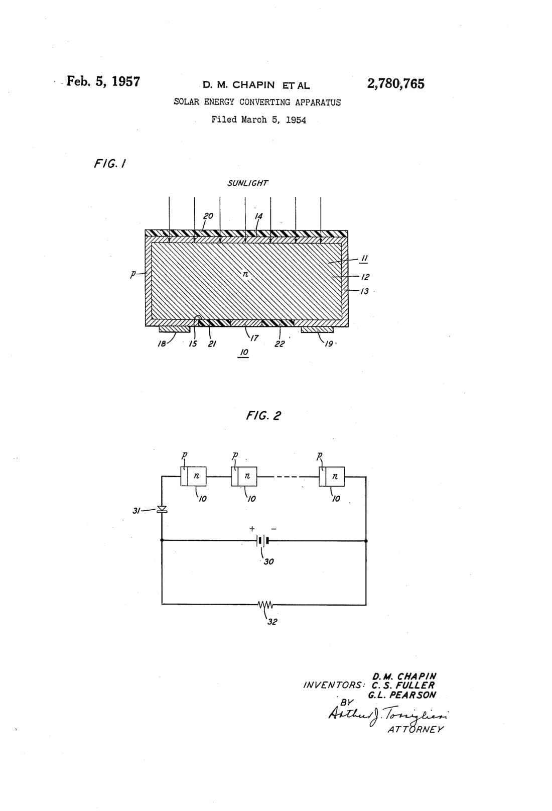 Solar energy converting apparatus patent drawing, 1957, archive paper finish
