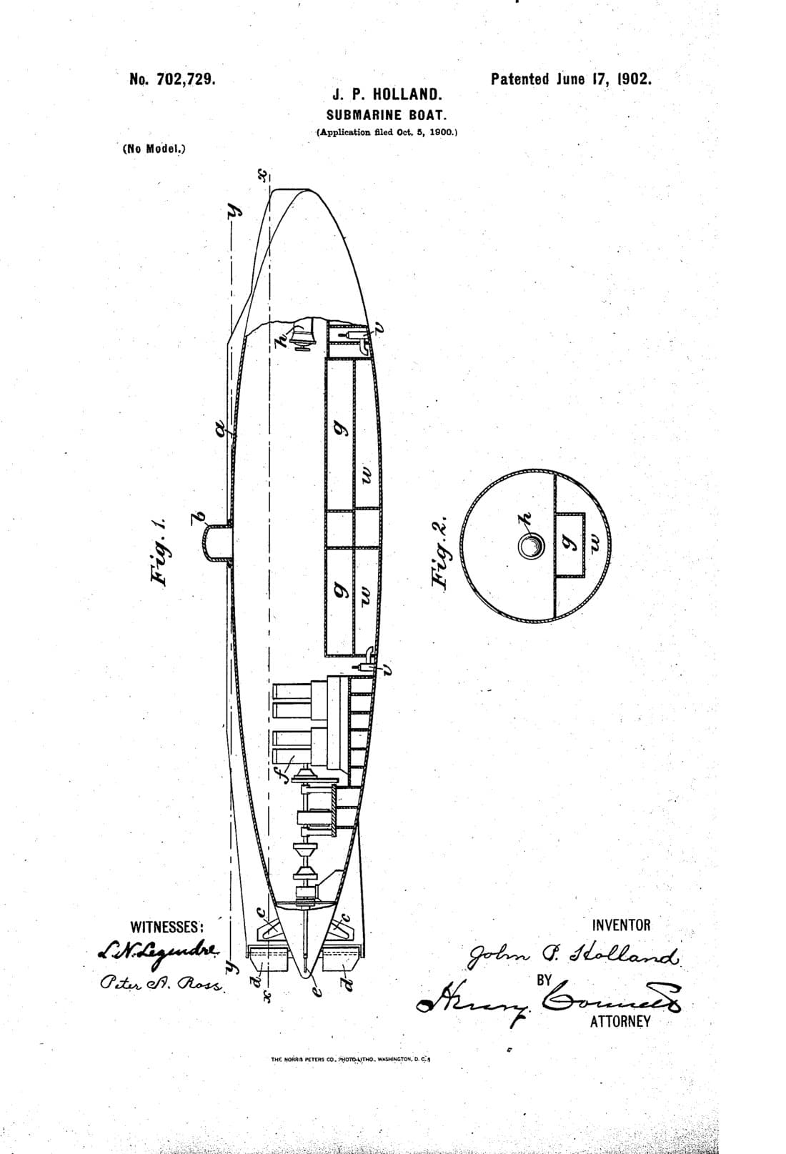 Submarine boat patent drawing, 1902, archive paper finish