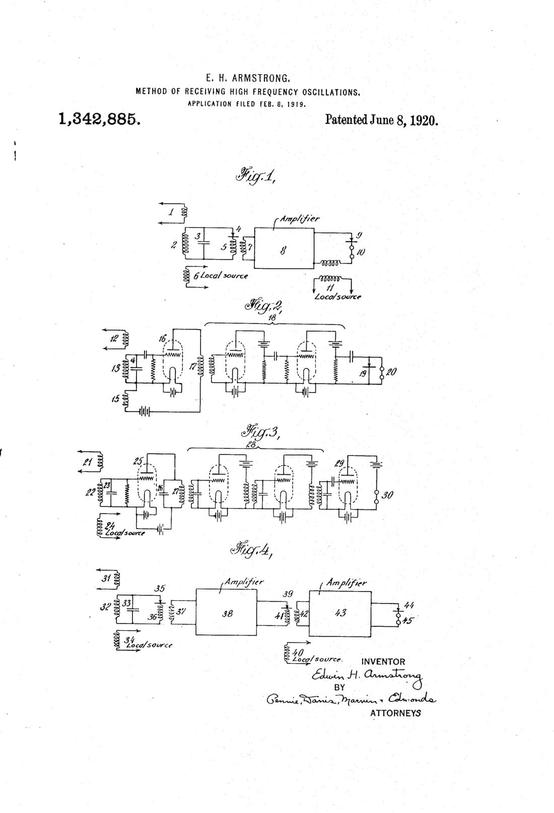 Method of receiving high-frequency oscillations patent drawing, 1920, archive paper finish