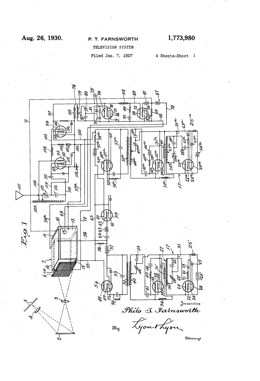 Television system patent drawing, 1930, archive paper finish