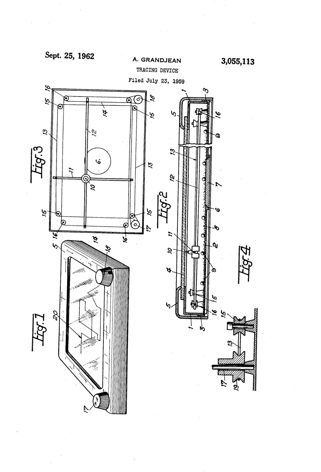 Tracing device patent drawing, 1962, archive paper finish