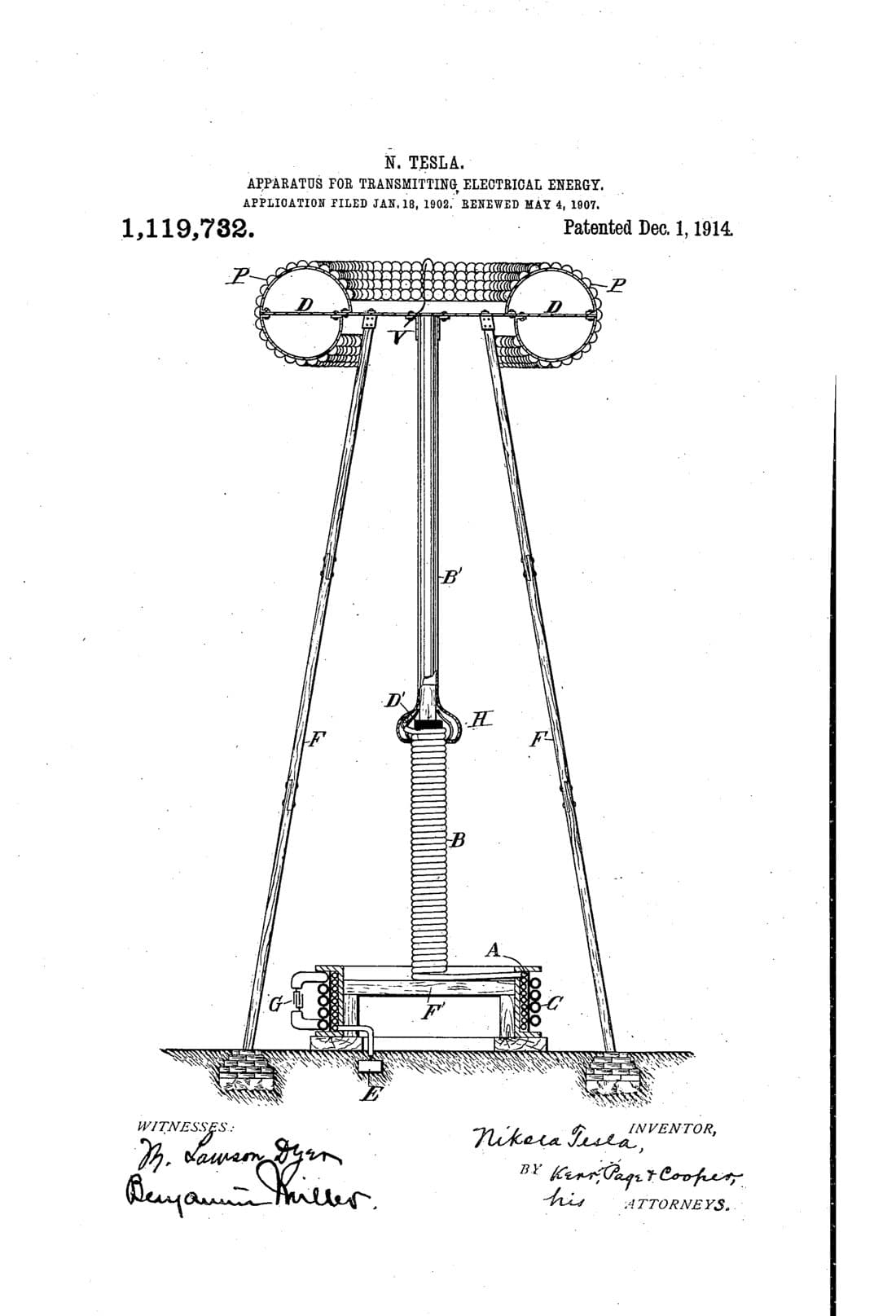Apparatus for transmitting electrical energy patent drawing, 1914, archive paper finish