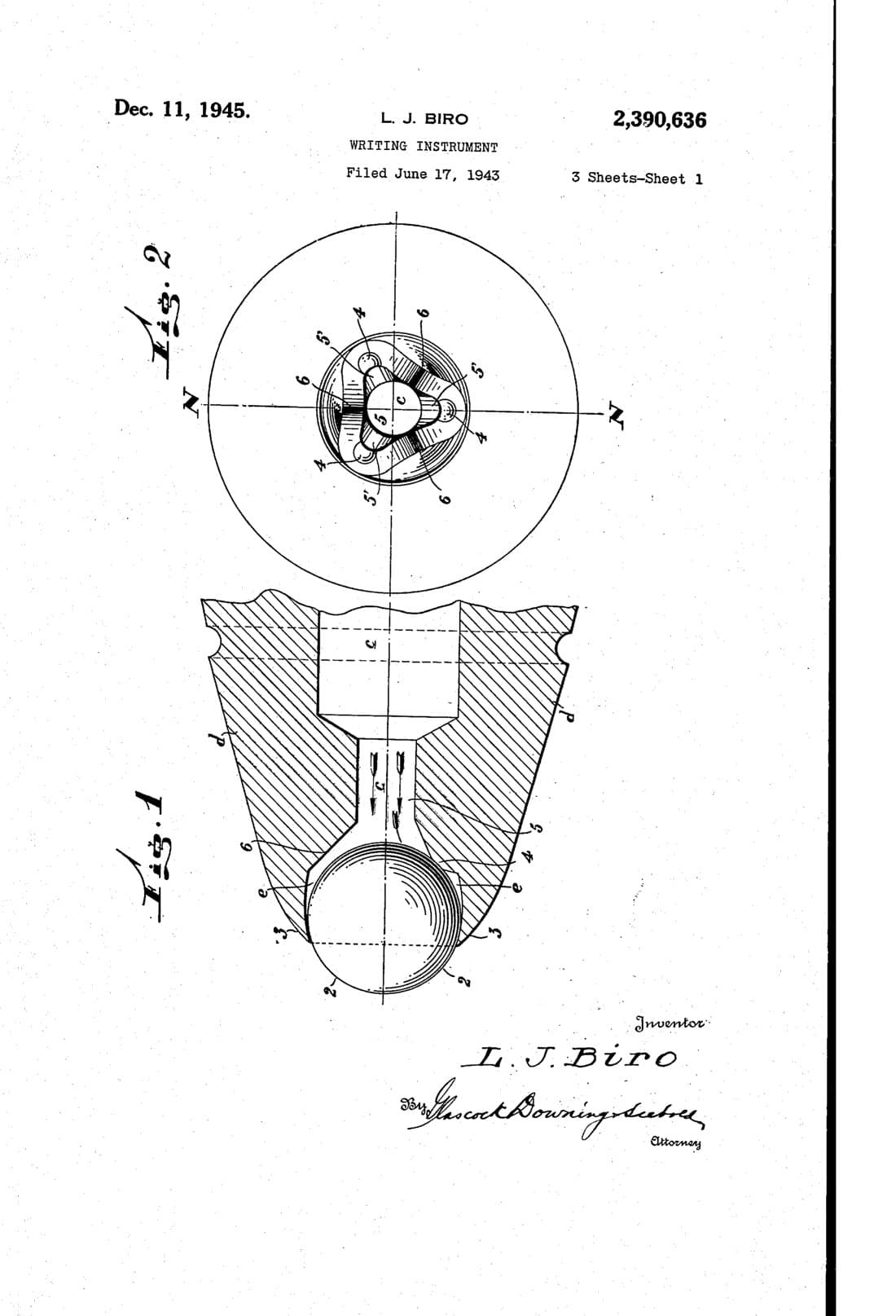 Writing instrument patent drawing, 1945, archive paper finish